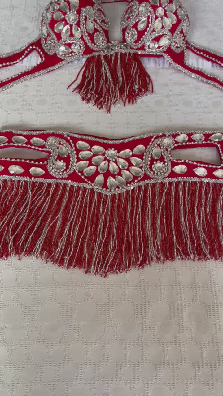 Professional Egyptian Belly Dance Belt & Bra – Hot Red Custom‑Made Embellished Dance Set