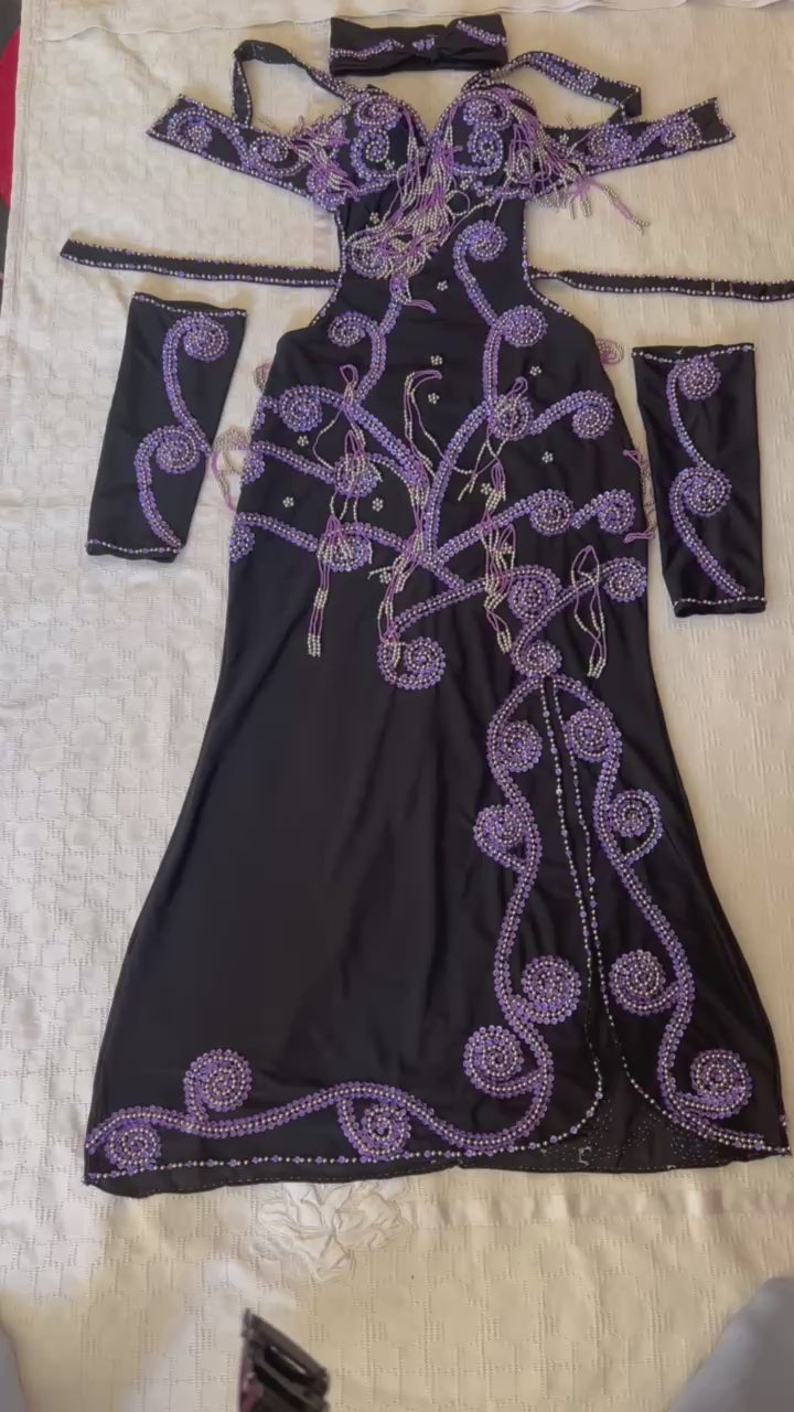 Professional Sexy Custom-Made Belly Dance Costume Belly Dancer one-piece Dress + Arm Pieces + Head piece, Handmade Embellished Dance outfit