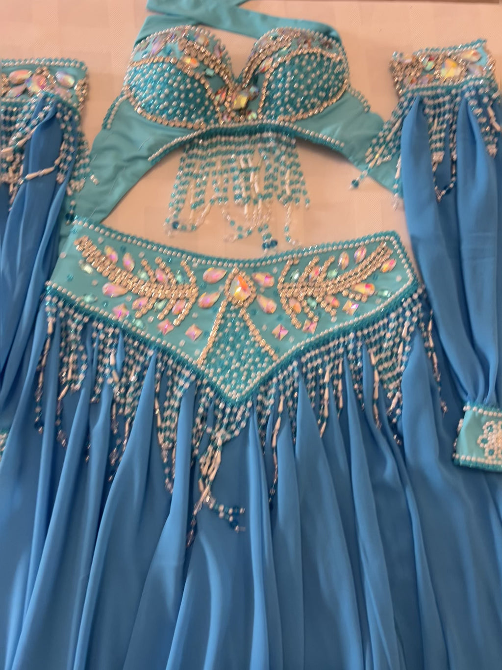 Professional Belly Dance Costume/ elegant Turquoise Blue Stage dancing Belt and Bra Set