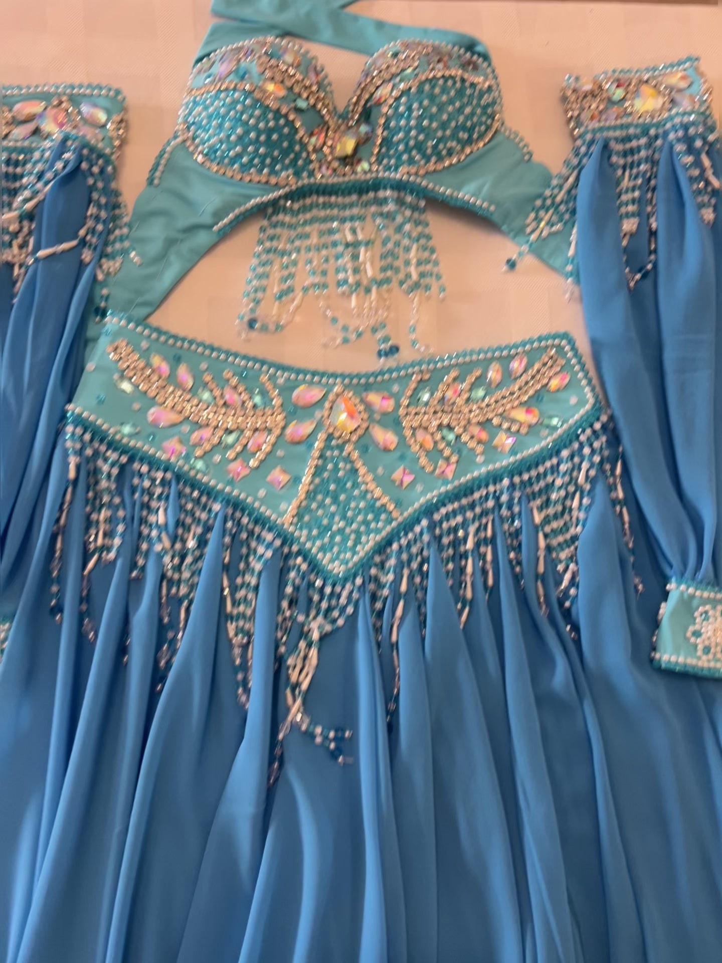Professional Belly Dance Costume/ elegant Turquoise Blue Stage dancing Belt and Bra Set