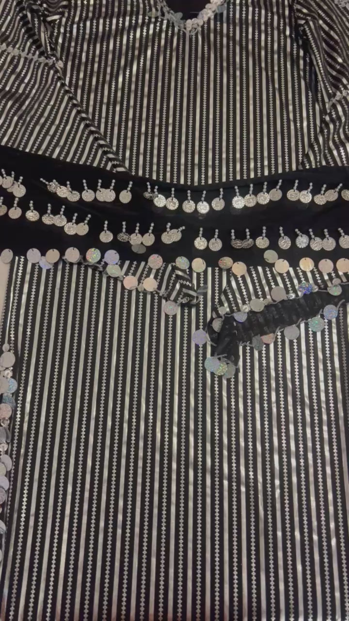 Egyptian belly dance striped dress, Saidi dancing Galabia, handmade dance outfit / Black and silver