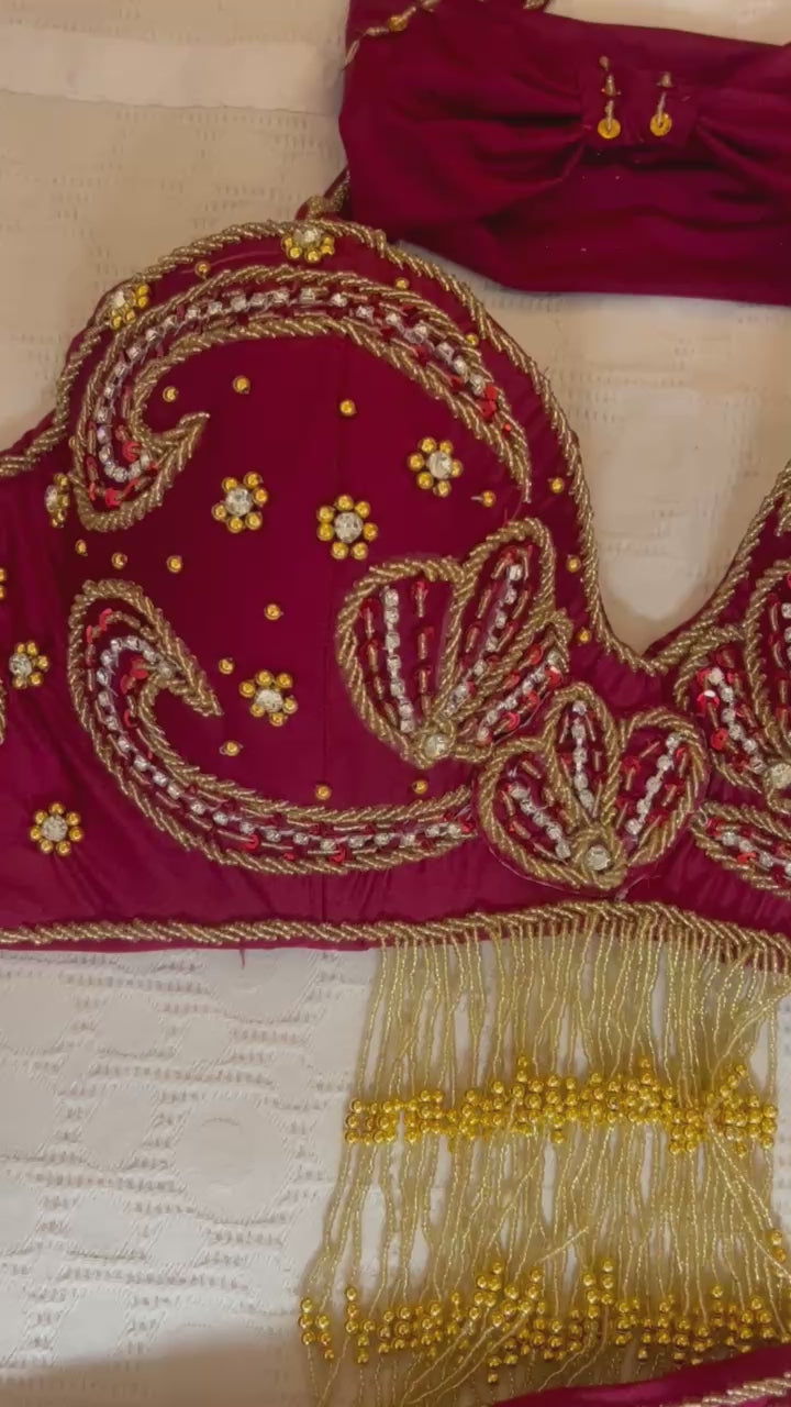 Luxury Rhinestone Belly Dance Outfit | Oriental Egyptian Belly Dancing Costume with Fringe & Beads | Stage Performance Dress