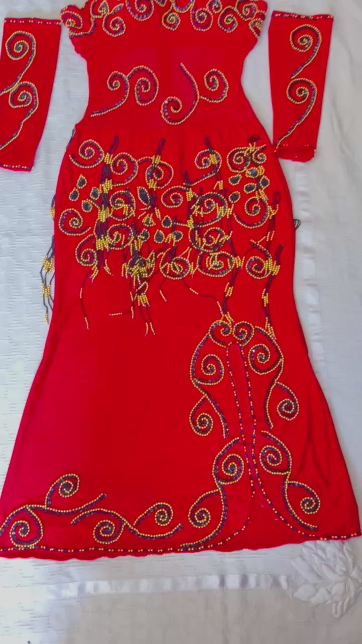 Vibrant Red Egyptian professional belly dance dress oriental dance outfit with arm pieces & head pieces handmade Embellished made to order.