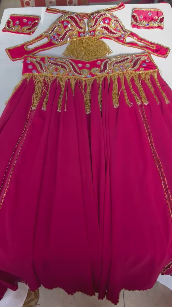 Luxurious Wine-Red Belly Dance Costume | Custom Handmade Bra, Belt & Skirt Set | Premium Professional Dance Outfit | Authentic Ensemble from Egypt