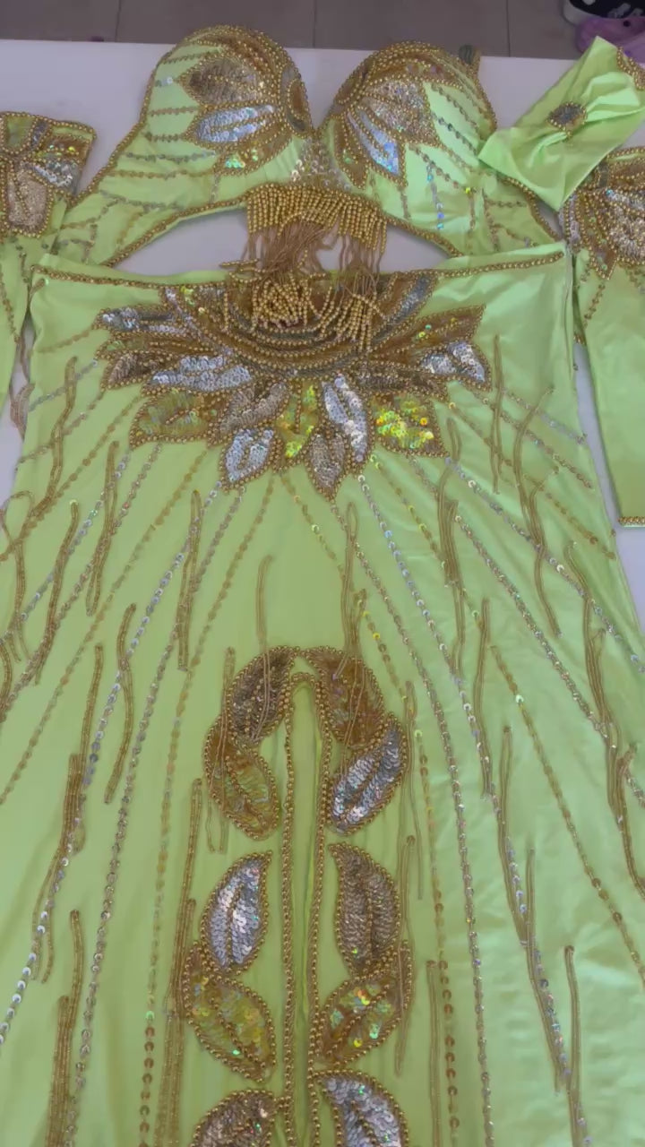 Vibrant Lime yellow Professional belly dance costume/ Colourful sequined authentic Egyptian dance skirt and bra outfit