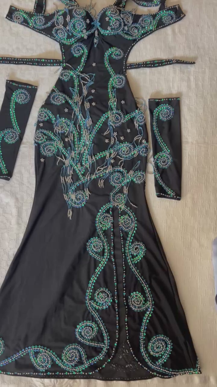 Professional Sexy Custom-Made Belly Dance Costume Belly Dancer one-piece Dress + Arm Pieces + Head piece, Handmade Embellished Dance outfit