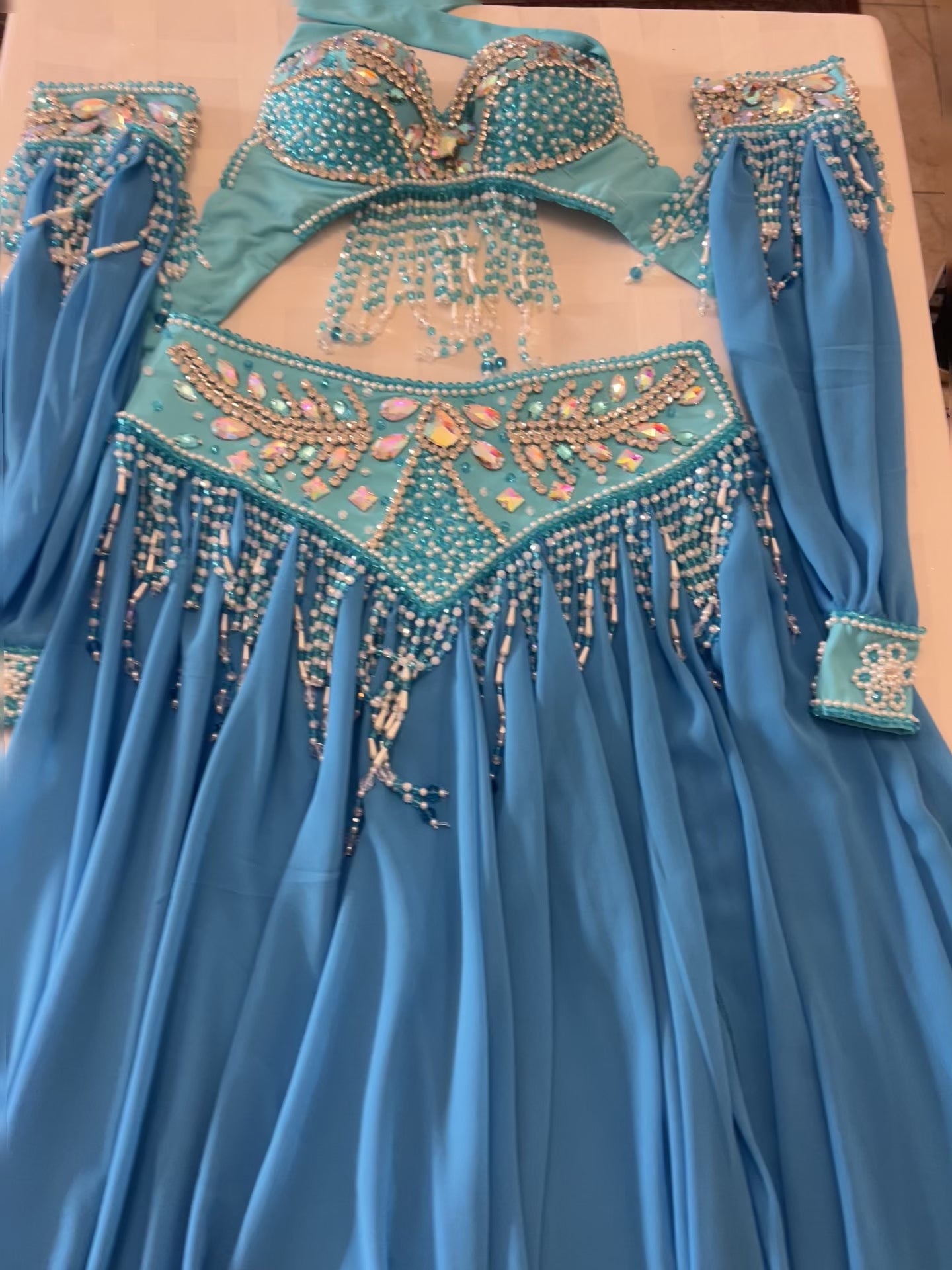 Professional Belly Dance Costume/ elegant Turquoise Blue Stage dancing Belt and Bra Set