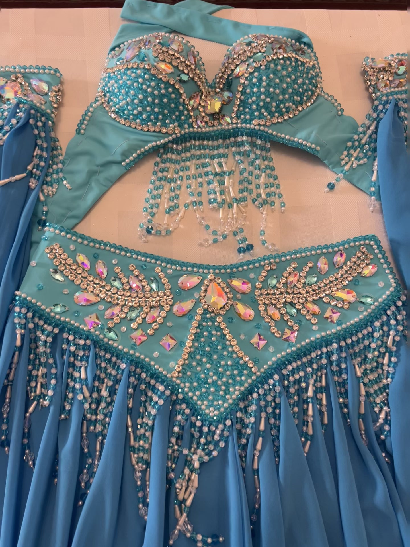 Professional Belly Dance Costume/ elegant Turquoise Blue Stage dancing Belt and Bra Set