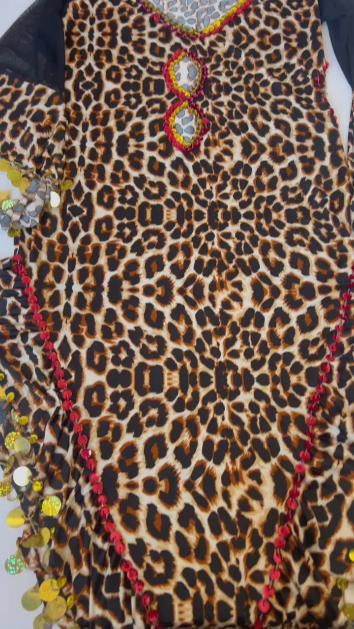 Leopard print belly dance dress, handmade embellished dancing outfit, one-size