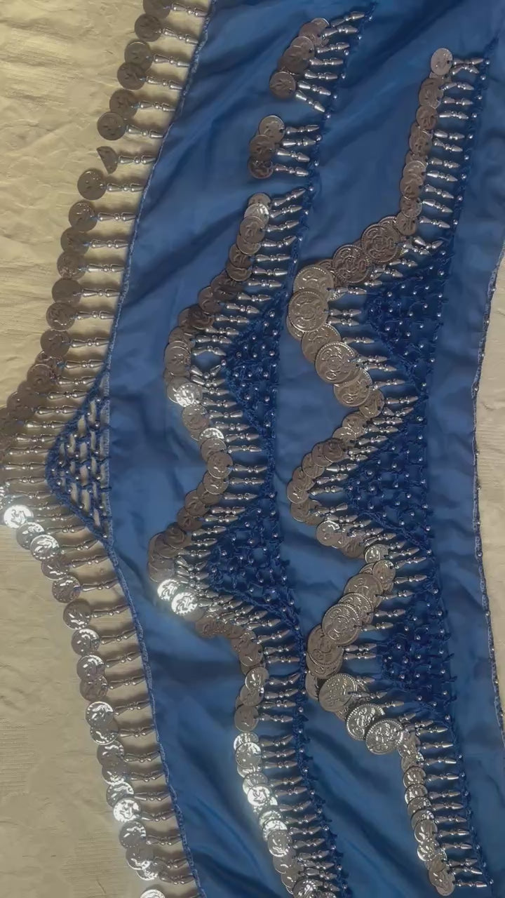Egyptian Sexy elegant blue handmade belly dance hip scarf, Women’s dancing wrap, embroidered dance belt 150 cm length, 30 cm width.