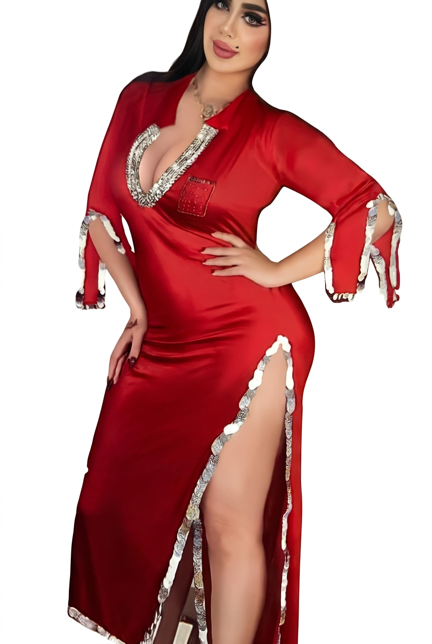 Model wearing a red Egyptian belly dance galabia with silver-tone sequin trim around the neckline, split sleeves and side slit.
