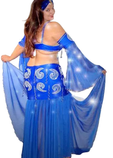 Woman wearing a blue belly dancing costume with flowing fabric on a white background
