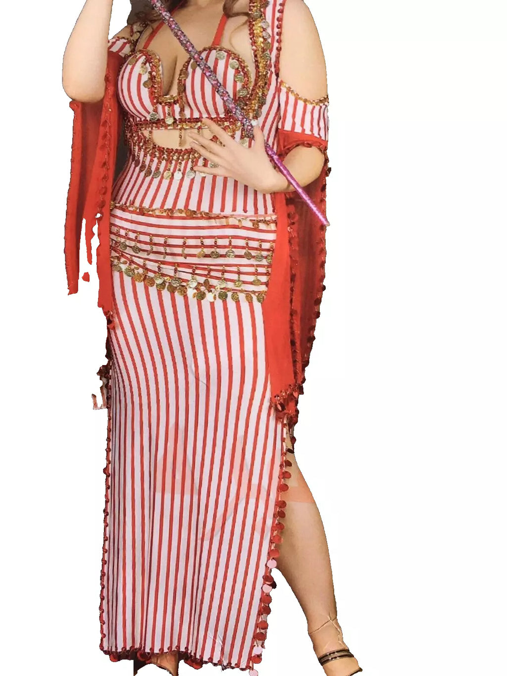 Stunning White‑Red Belly Dance Dress Set – Handmade Beaded Costume with Bra & Hip Scarf