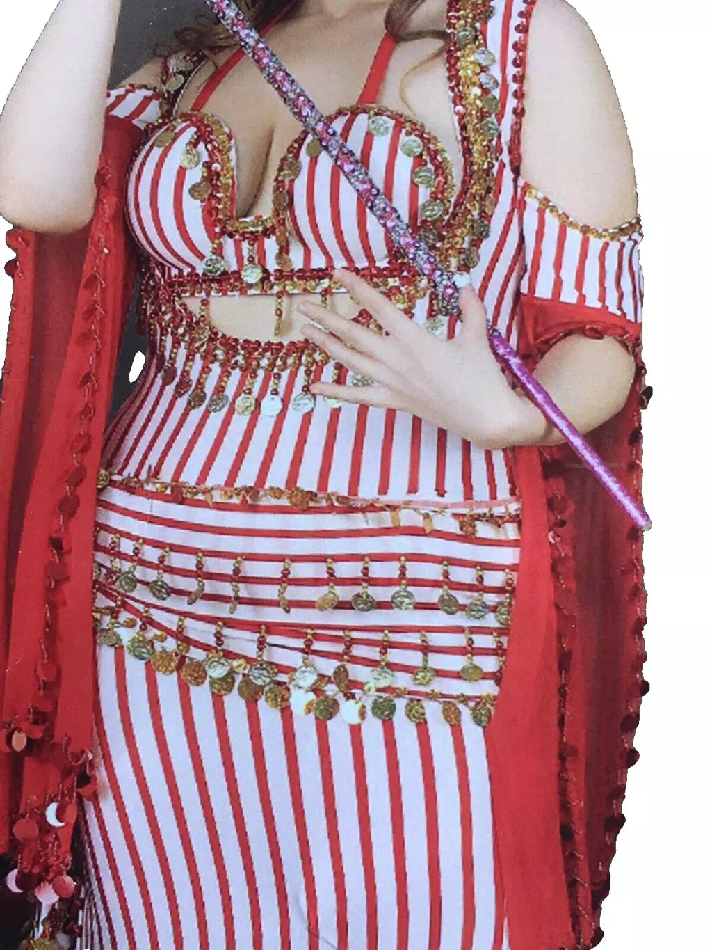 Stunning White‑Red Belly Dance Dress Set – Handmade Beaded Costume with Bra & Hip Scarf