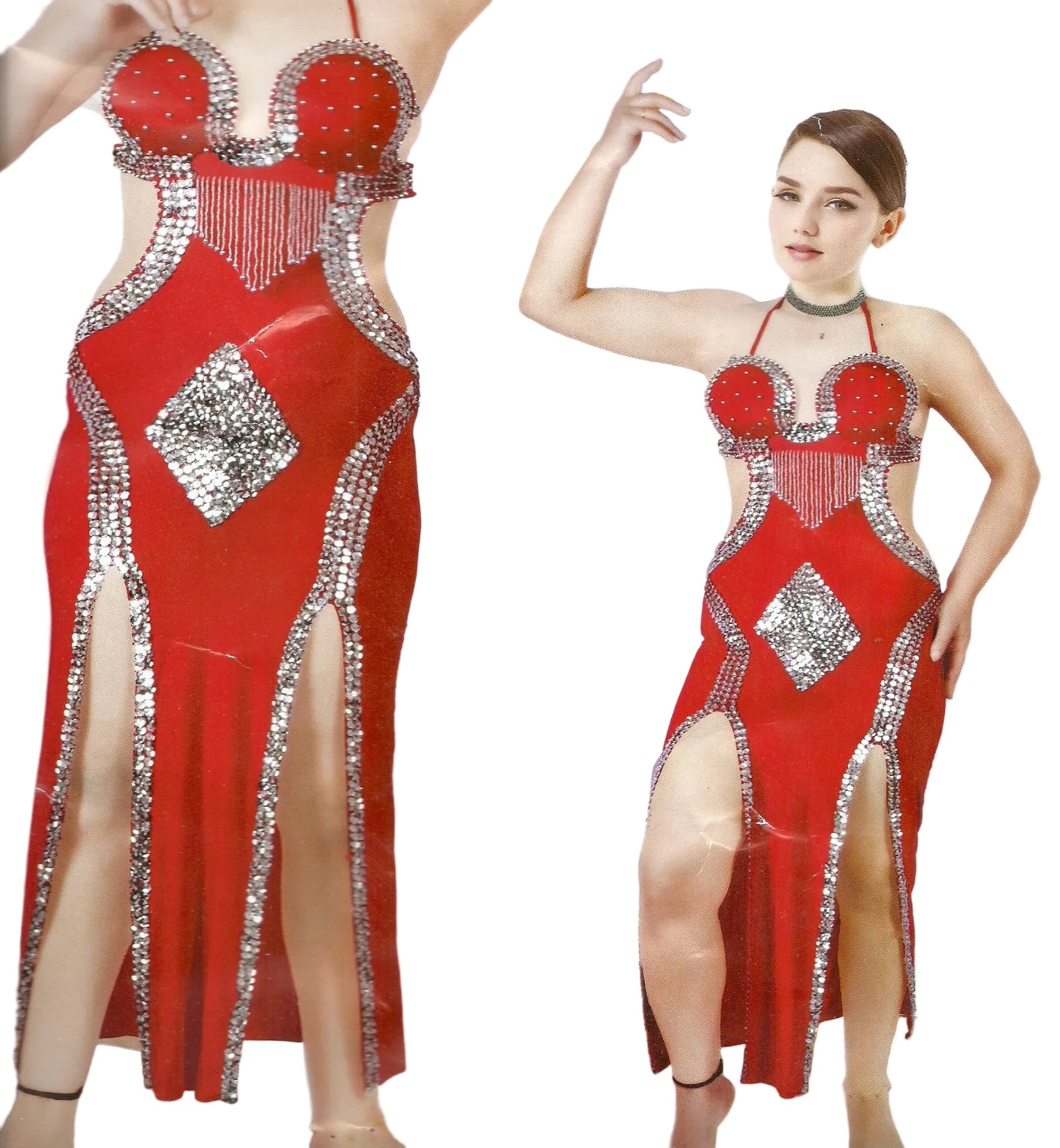 A model wearing a red belly dance dress with bra attached, posing with a hand extended gracefully. The dress is adorned with beads and embroidery detail.