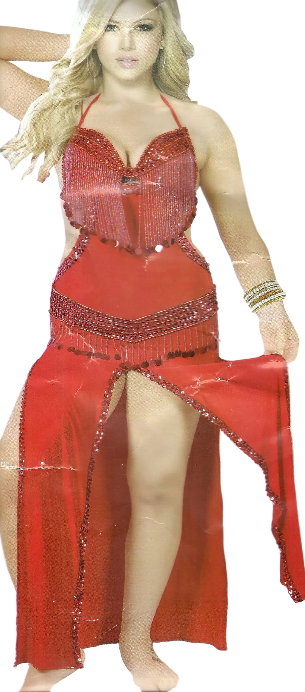 Red costume with sequins and a slit on a white background