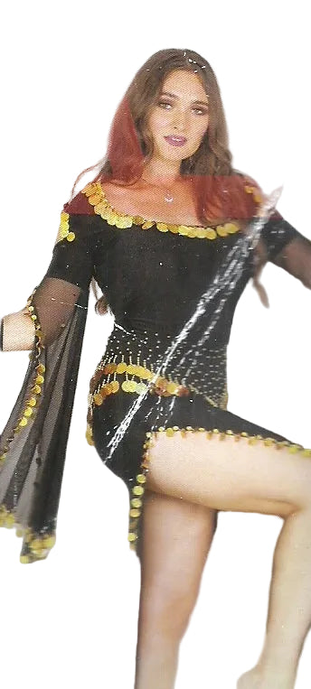 Woman wearing a black and gold dancing dress embellished with golden sequins and accents