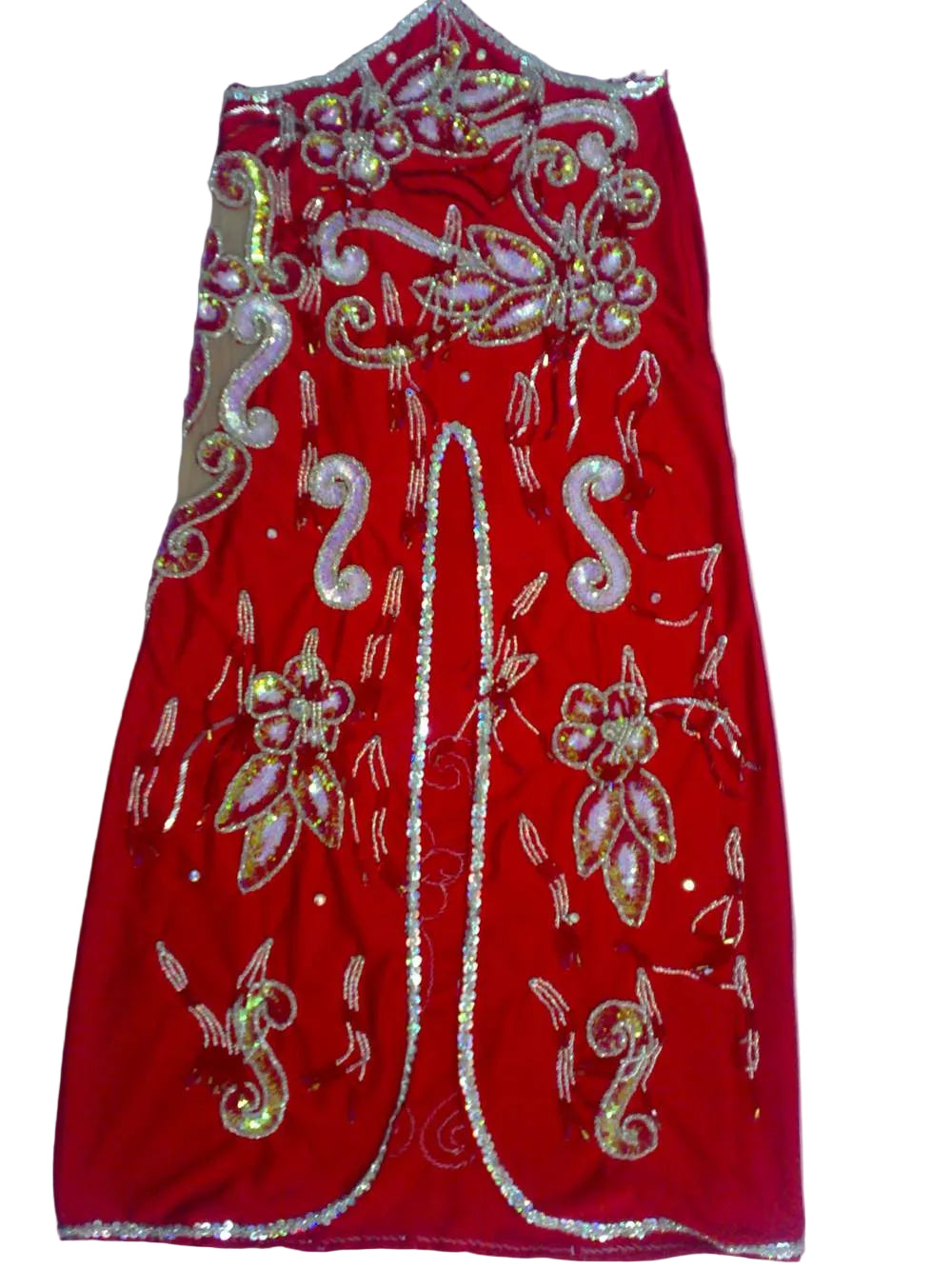 Red dress with gold and silver embellishments on a white background