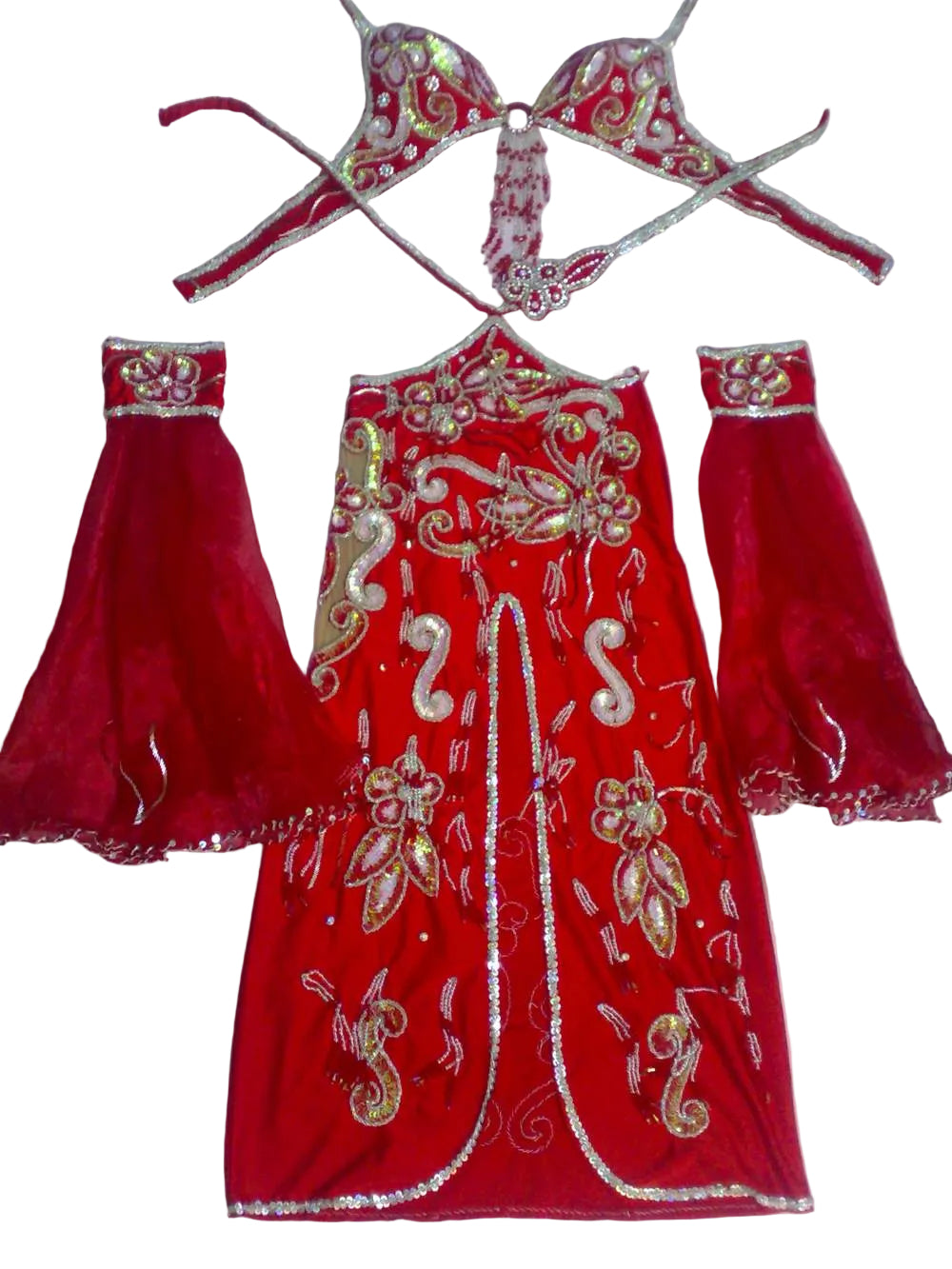 Red embroidered traditional outfit with matching bra and panties on a white background