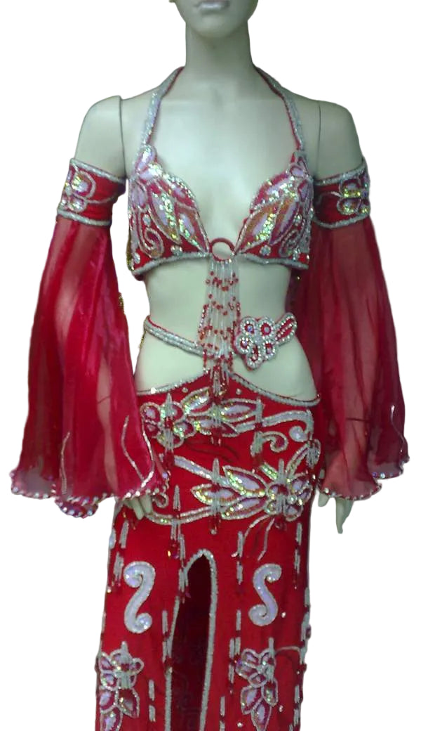 Custom-made red belly dance costume with handcrafted embroidery, including a bra, skirt, and sleeves.