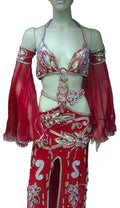 Custom-made red belly dance costume with handcrafted embroidery, including a bra, skirt, and sleeves.