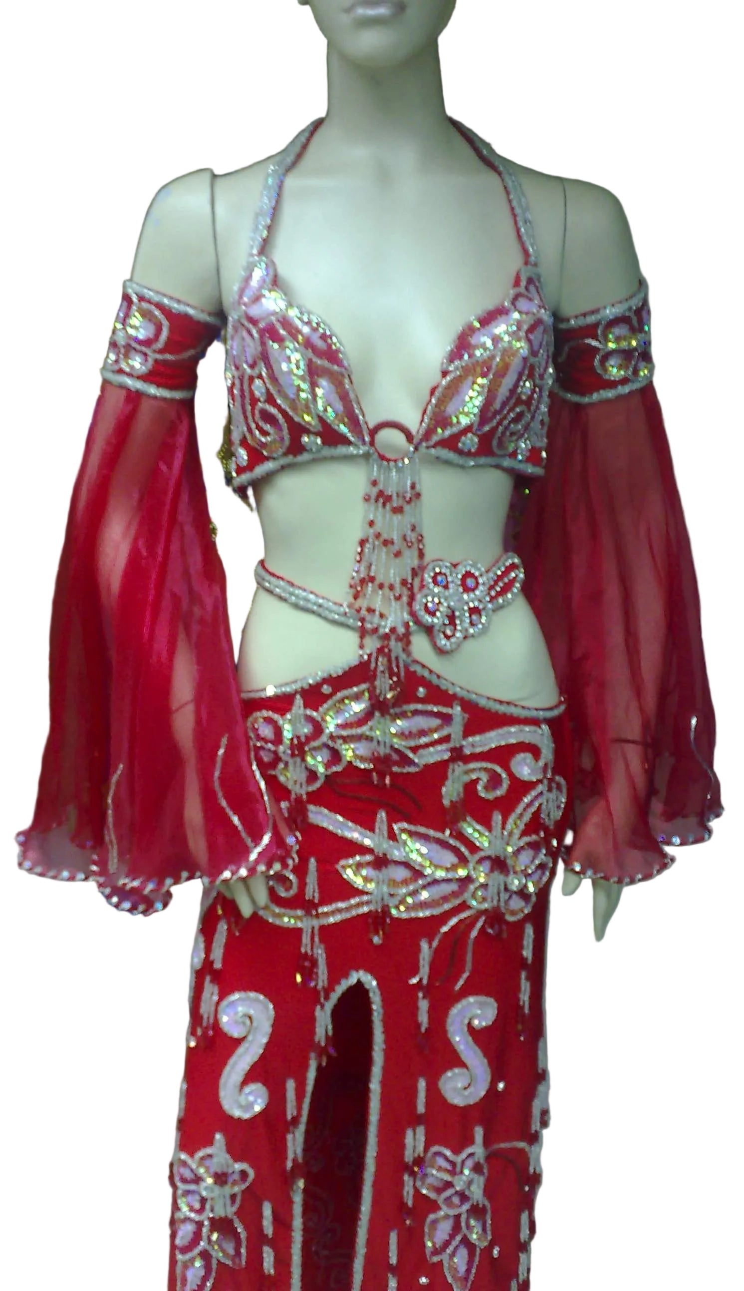 Red belly dance costume with intricate designs on a mannequin against a white background